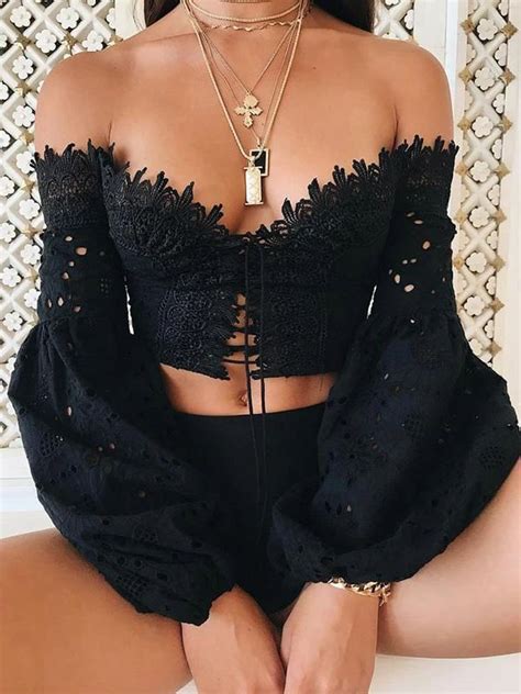 lace off shoulder puff sleeves blousesandshirts tops in 2020 crop top outfits top outfits off