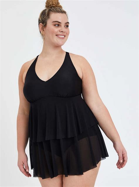 Plus Size V Neck Ruffle Mid Length Swim Dress Black Torrid