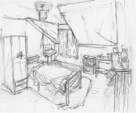 A Drawing Of A Bedroom With A Bed And Dresser