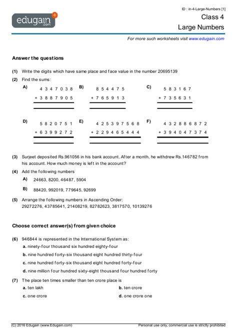Large Numbers Worksheet For Class 4 Pdf