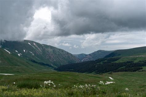 Spring Landscape High Snowy Mountains In Adygea Soft Focus Stock Photo