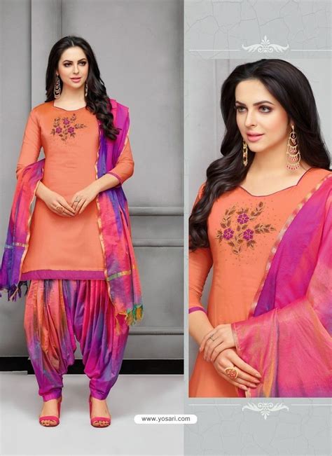 Light Orange And Multi Colour Silk Embroidered Patiala Salwar Suit