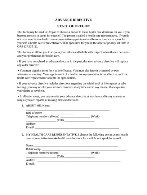 Oregon Directive Advance Form Fill Out And Sign Printable Pdf