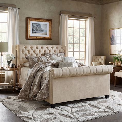 Sleigh Bed Scroll Fabric Bed Frame Upholstered Chesterfield Velvet