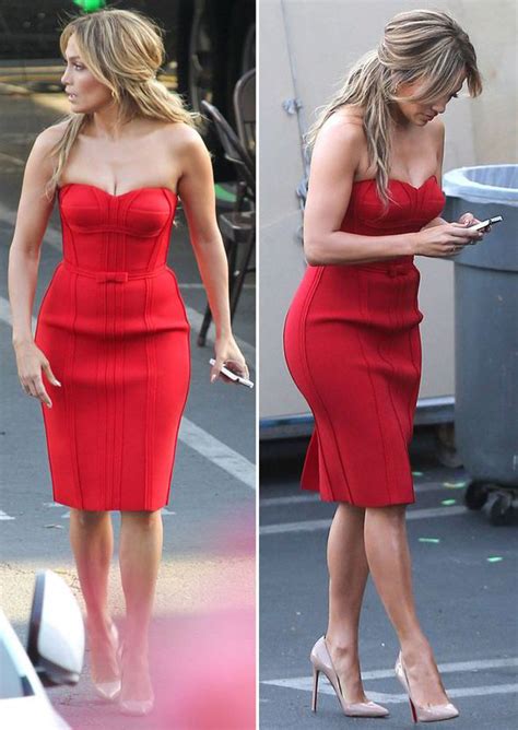 Jennifer Lopez Wears Sexy Red Strapless Dress As She Films American