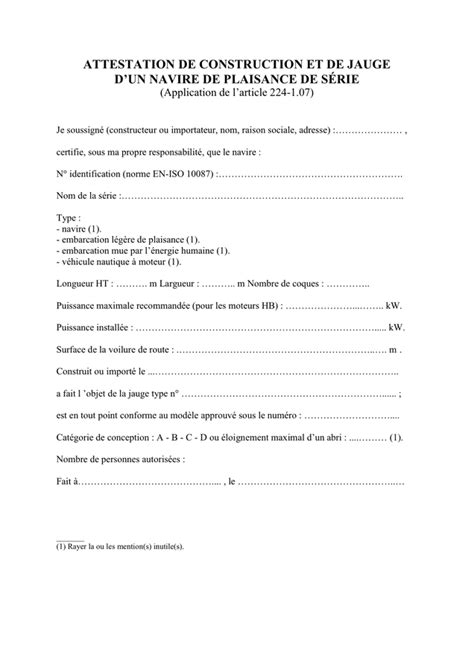 Modelé d attestation sur lhonneur dun navire de plaisance DOC PDF