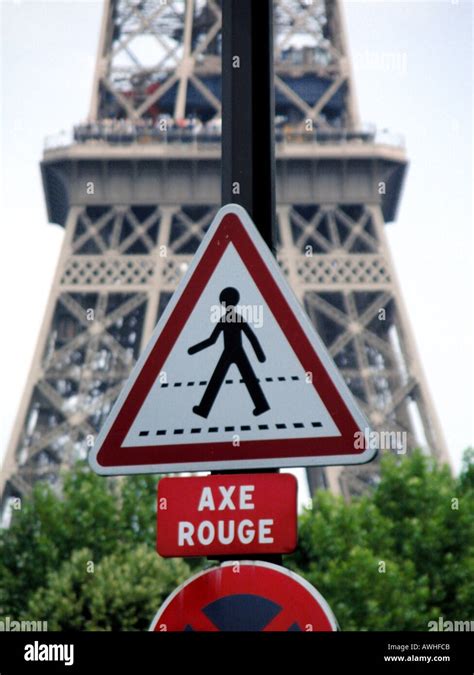 France Paris Pedestrian Crossing Sign With Eiffel Tower In Background