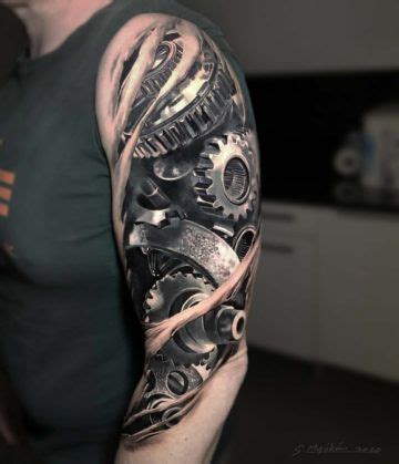 A Man S Arm With A Clock And Gears Tattoo Design On It In Black And Grey