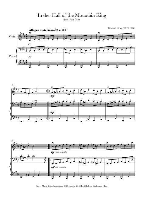 Grieg In The Hall Of The Mountain King Sheet Music For Violin Notes