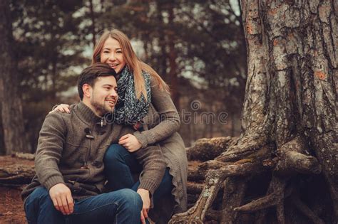 Loving Young Couple Happy Together Outdoor On Cozy Warm Walk In Autumn