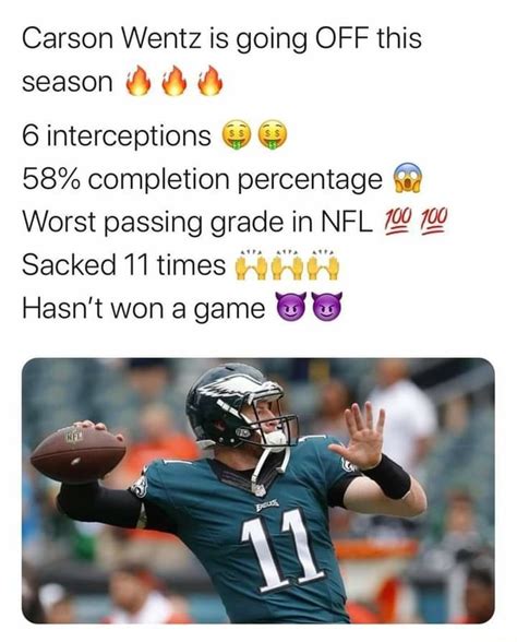 Latest on qb carson wentz including news, stats, videos, highlights and more on nfl.com. Carson Wentz is going OFF this season @ 6 interceptions 58 ...