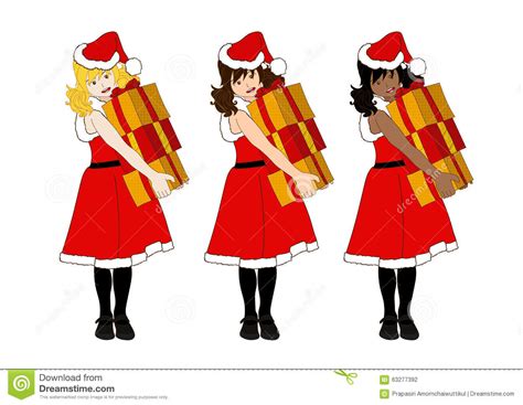 Santa Girl Blonde Brown Black Holding Presents Pile Stock Vector