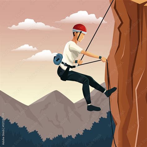 Scene Landscape Man Mountain Descent With Harness Rock Climbing Vector