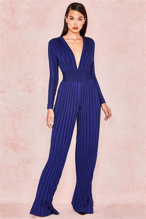 High Quality Deep Blue Long Sleeve V Neck Rayon Bandage Jumpsuit Sexy Evening Party Jumpsuit In