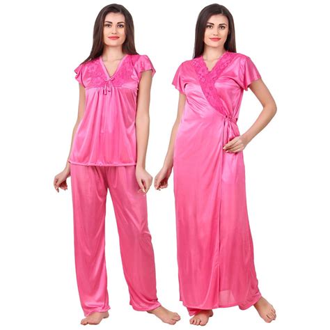 Fasense Women Satin Coral Pink Nightwear Top And Pajama Set With Robe Buy Fasense Women Satin