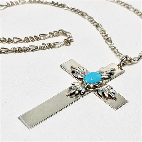 Sterling Silver Turquoise Cross Necklace Vintage Southwestern Etsy