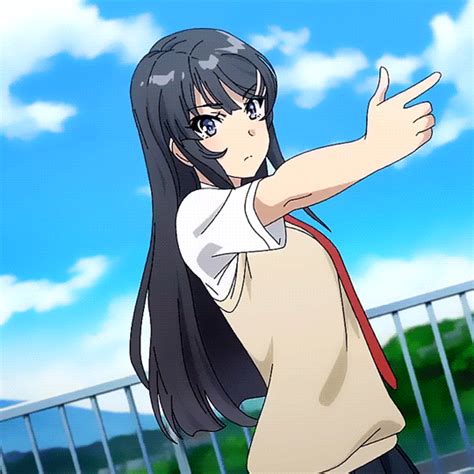 An Anime Character Is Pointing At Something In The Air With Her Right Arm Out And One Hand Up
