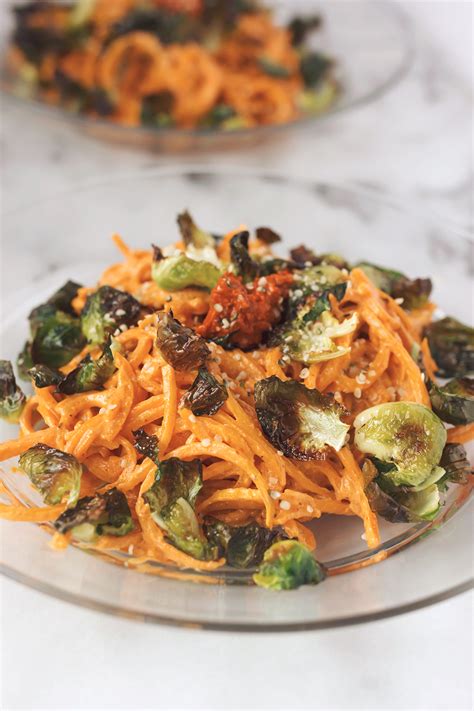 Butternut Squash Noodles With Harissa Cashew Cream And Crispy Brussels Sprout Chips Tasty Yummies