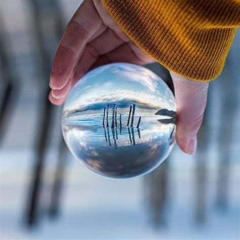 A Person Holding A Glass Ball With Trees Reflected In It And The