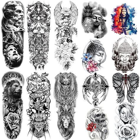 Buy Kotbs14 Sheets Full Arm Temporary Tattoos For Men Women Buddha Tiger Lion Wolf Wings Flower