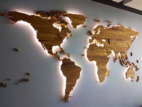 Huge Led Illuminated Wooden World Map Solid Oak With Borders Wall