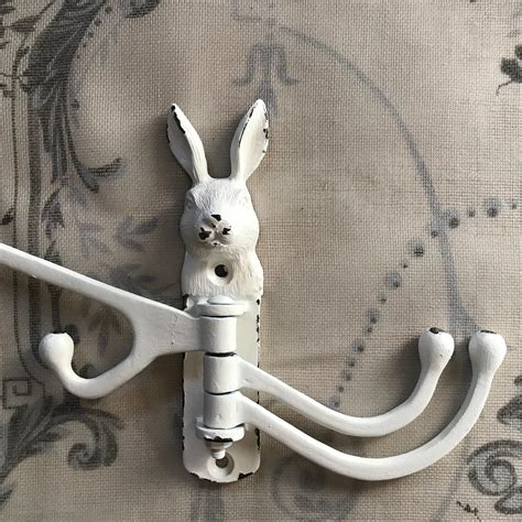 Rabbit Coat Hook Antique Style White Cast Metal Multi Arm Swinging Wall