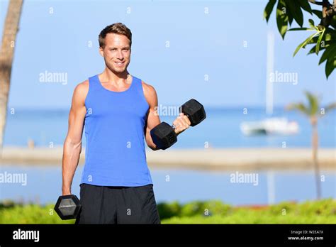 Fitness Bicep Curl Weight Training Man Outdoors Working Out Arms