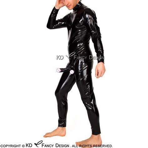 Black Sexy Latex Catsuit With Penis Sheath Back Zipper Long Sleeves