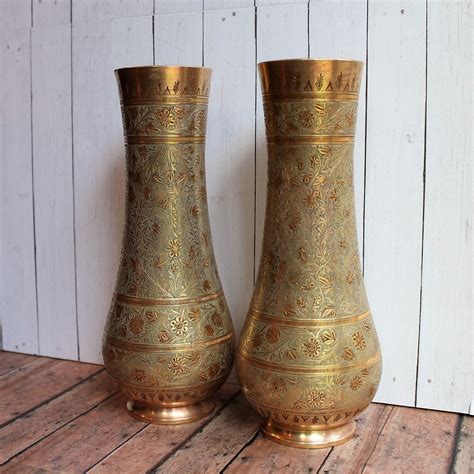 Vintage Brass Vase Set Of 2 Matching Large 10 Brass Vases With Etched