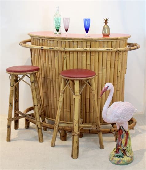 Chic And Versatile French Mid Century Rattan And Bamboo Tiki Bar With