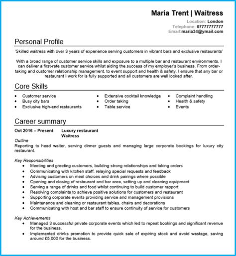 Waiterwaitress Cv Example Page 1 In Microsoft Word Create Your Own Interview Winning Cv With