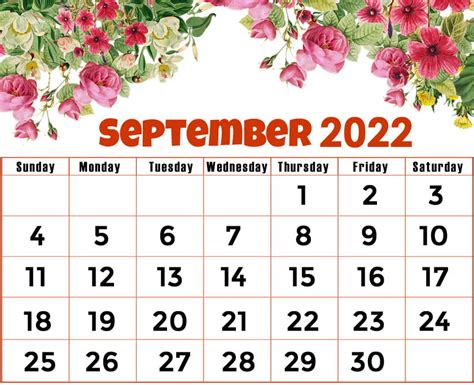 Floral September 2022 Calendar Printable Flower Landscape Template