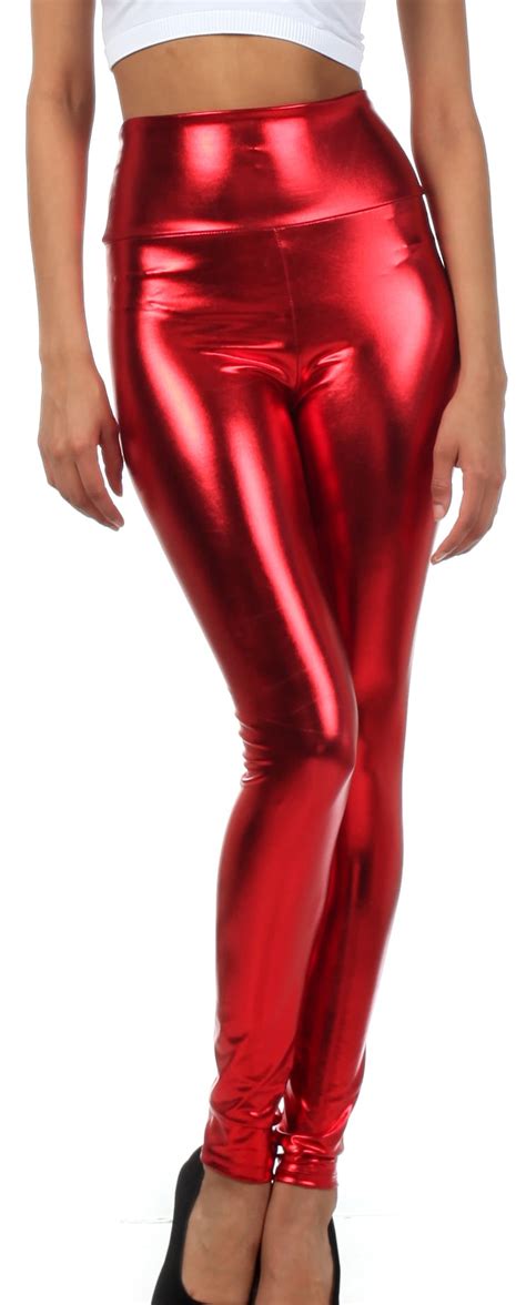 sakkas sakkas shiny liquid metallic high waist stretch leggings made in usa red xl