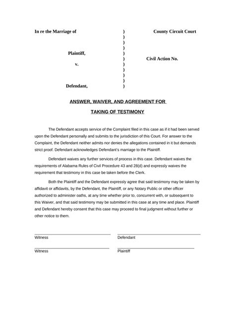 Answer And Waiver Divorce Alabama Form Fill Out And Sign Printable