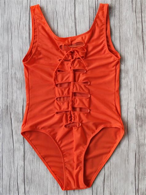 Romwe Romwe Orange Mesh Design Lace Up One Piece Swimwear Adorewe