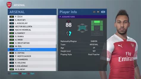 Pes 2019 Arsenal Face And Player Ratings Youtube