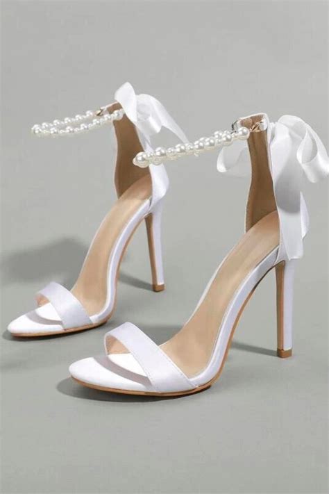 Satin Faux Pearls And Bow Decor Ankle Strap Sandals White Wedding Shoes