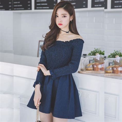 Off Shoulder Dress Blue Plain Kpop Korean Jpop Trendy Sweet Cute