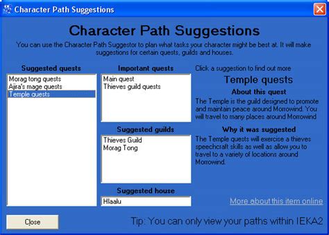 Character Path Suggestion Tool Of The Morrowind Character Profile