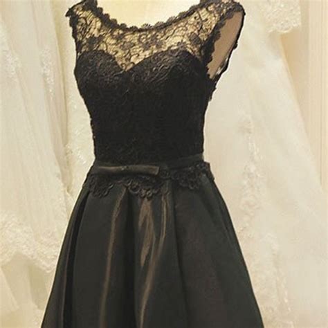 A Line Crew Neck Black Satin Homecoming Dress With Lace Short Homecoming Dresses On Luulla