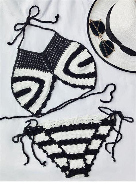 2018 Unlined Halter Crochet Bikini Set In White And Black One Size Zaful