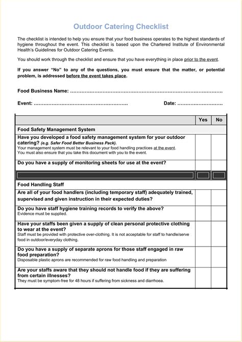 Sample Outdoor Catering Checklist Template