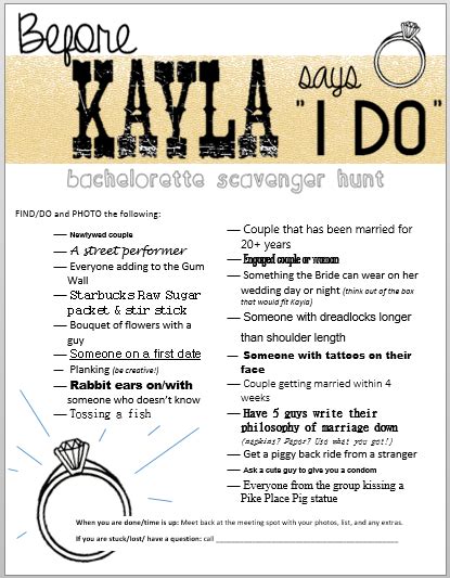 Games for the bride & groom. Bachelorette Game Scavenger Hunt Clean- Semi Clean Bridal ...