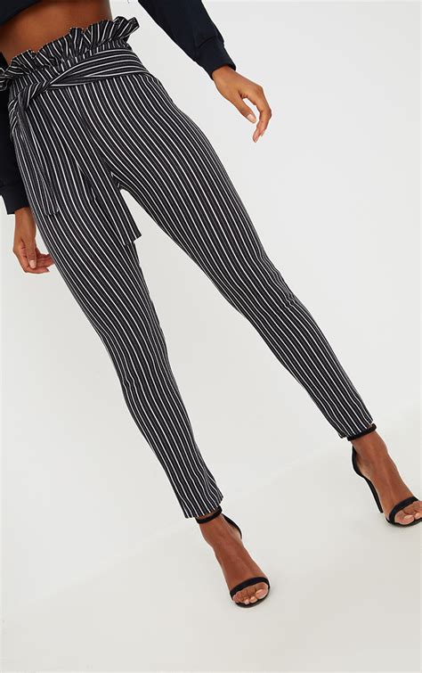 Black Stripe Paperbag Skinny Pants Pants Prettylittlething Usa
