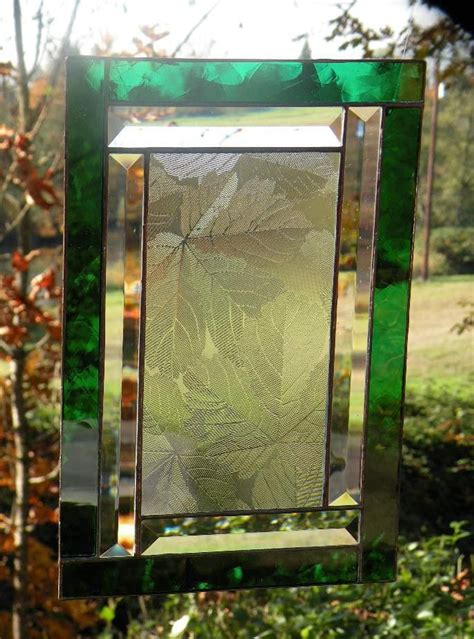 Stained Glass Window Panel Leaf Pattern Clear Bevels Greens Etsy
