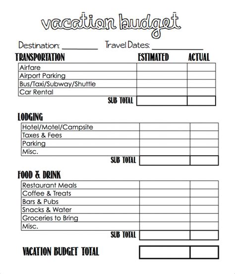 Free Printable Vacation Budget Worksheet