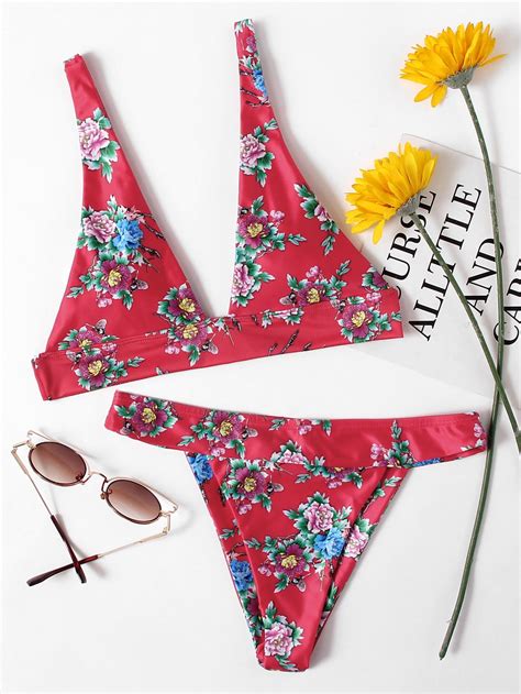 shop flower print plunge bikini set online shein offers flower print plunge bikini set and more