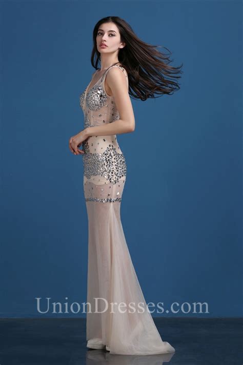 Sexy V Neck Open Back Sheer See Through Champagne Tulle Beaded Evening Prom Dress