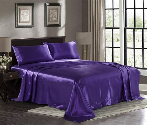 Satin Sheets King 4 Piece Purple Hotel Luxury Silky Bed Sheets Extra Soft 1800 Microfiber