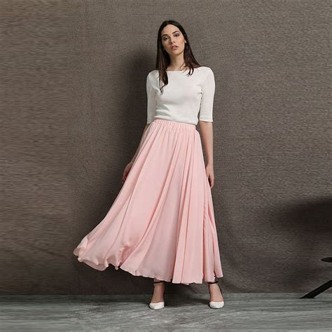 Spring Autumn Chiffon Pink Skirt Elastic Waist A Line Floor Length Long